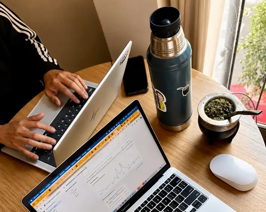 Dos notebooks con Google Analytics abiertos sobre una mesa de trabajo, con termo y mate